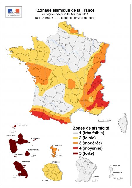 Seismische Zonenkarte vom französischen Nationalen Anhang Seismische Zonenkarte in Frankreich zu berücksichtigen