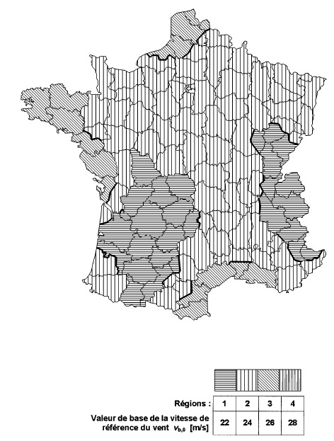 Mappa della velocità del vento di base fondamentale da considerare in Francia